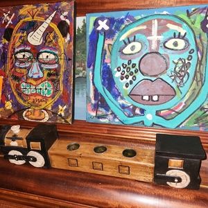 Hand Carved Wood Train Engine Votive Tealight Candle Holder Railroadiana Decor